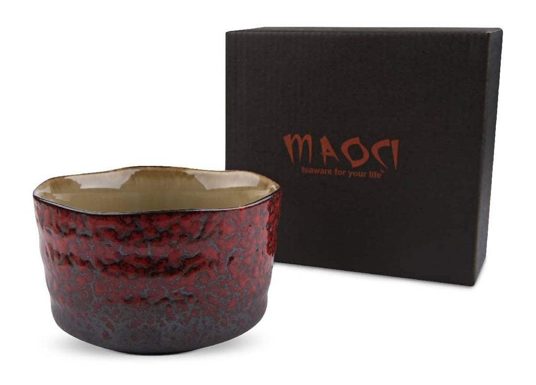 MAOCI - Matcha-Schale Chawan aus Porzellan 400ml Dunkelrot handgefertigt - als Geschenkbox