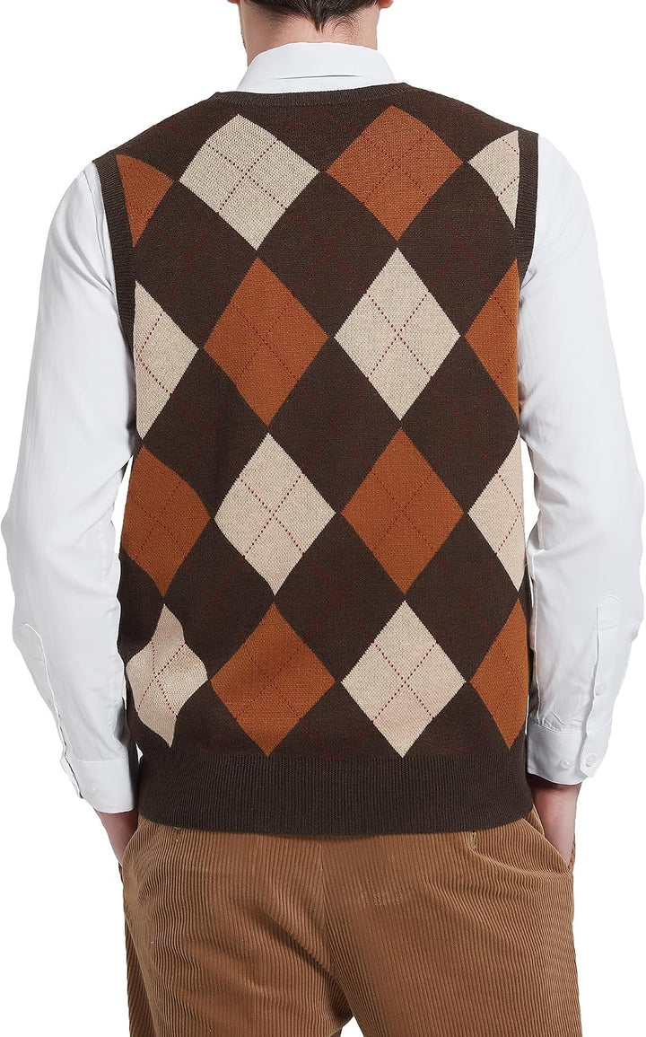 Kallspin Herren Argyle Gestrickt Ärmellos Pullover Wollmischung V-Ausschnitt Strickwesten XXL Braun,