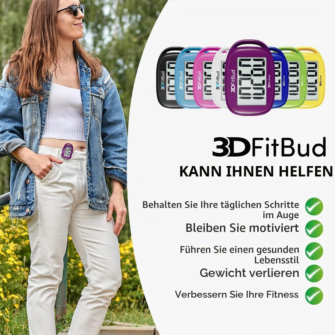 3DFitBud Einfacher Schrittzähler 3D von 3DActive mit Clip Lanyard Präziser Schrittzähler Grosses Dis