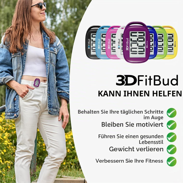 3DFitBud Einfacher Schrittzähler 3D von 3DActive mit Clip Lanyard Präziser Schrittzähler Grosses Dis