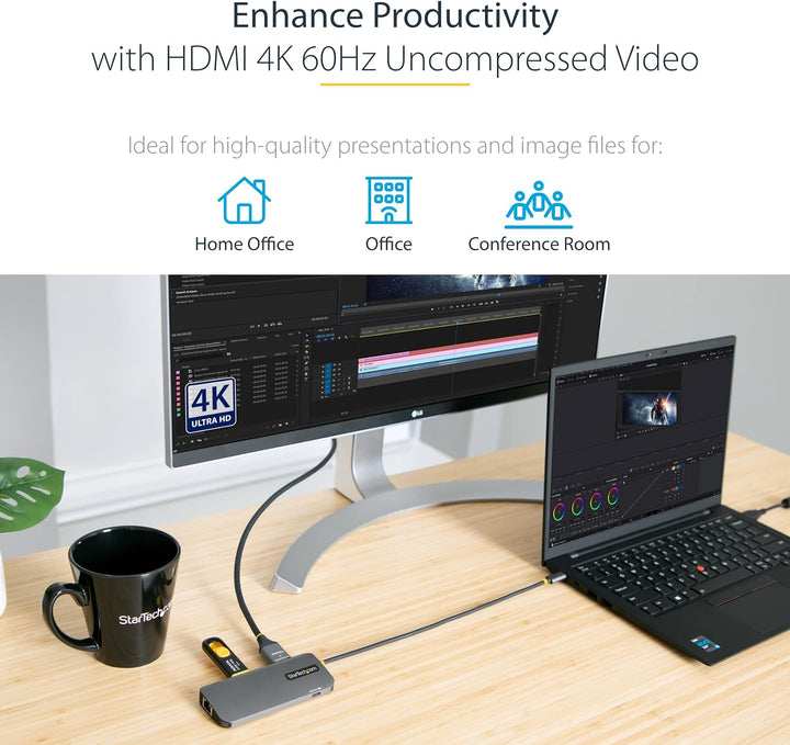 StarTech.com USB C Multiport Adapter, USB C auf HDMI Adapter 4K 60Hz, 5Gbit/s USB-A 3.0 Hub, 100W Po