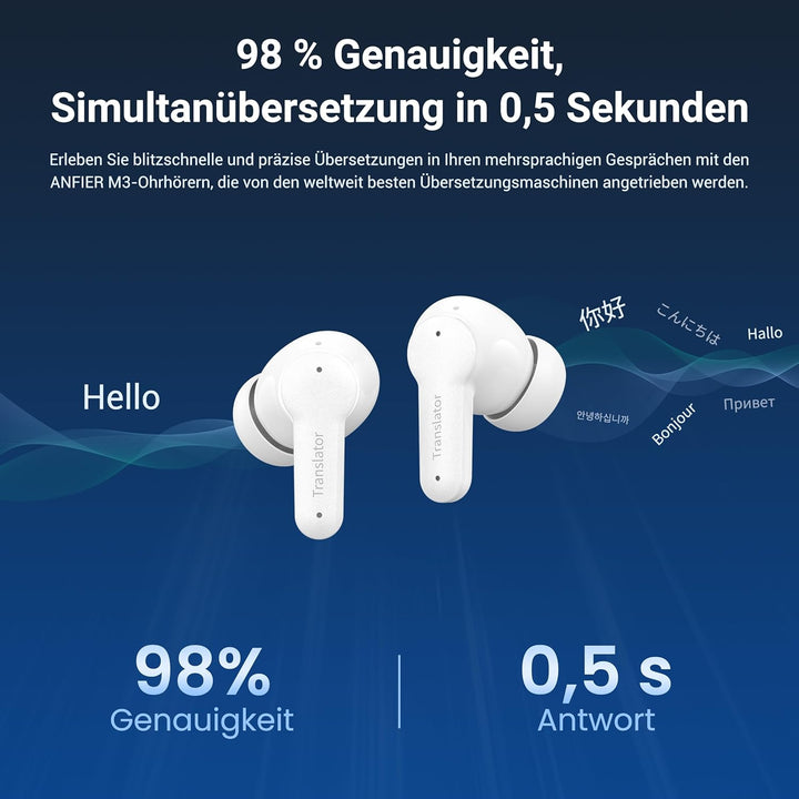 M3 KI Übersetzer Kopfhörer, 3-in-1 Echtzeit Sprachübersetzer mit 164 Online & 11 Offline Sprachen, A