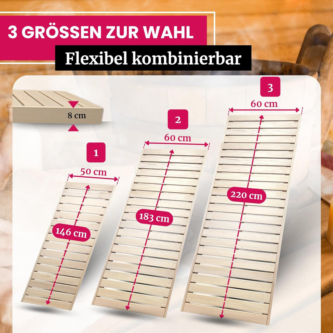 Suleno® Sauna Zubehör – Saunaliege Holz aus Hemlock, kürzbar, astarm – Saunabank LARVIK in 3 Grössen