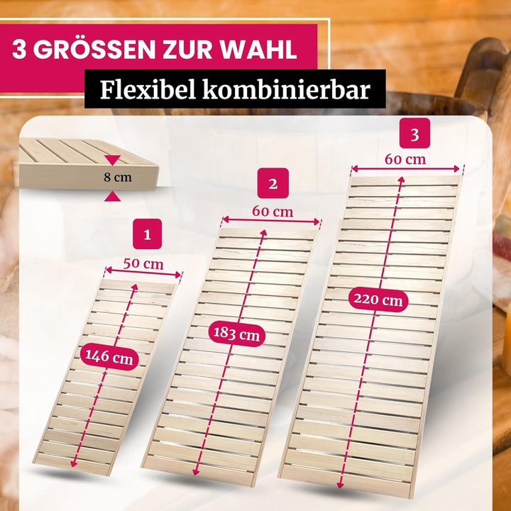 Suleno® Sauna Zubehör – Saunaliege Holz aus Hemlock, kürzbar, astarm – Saunabank LARVIK in 3 Grössen