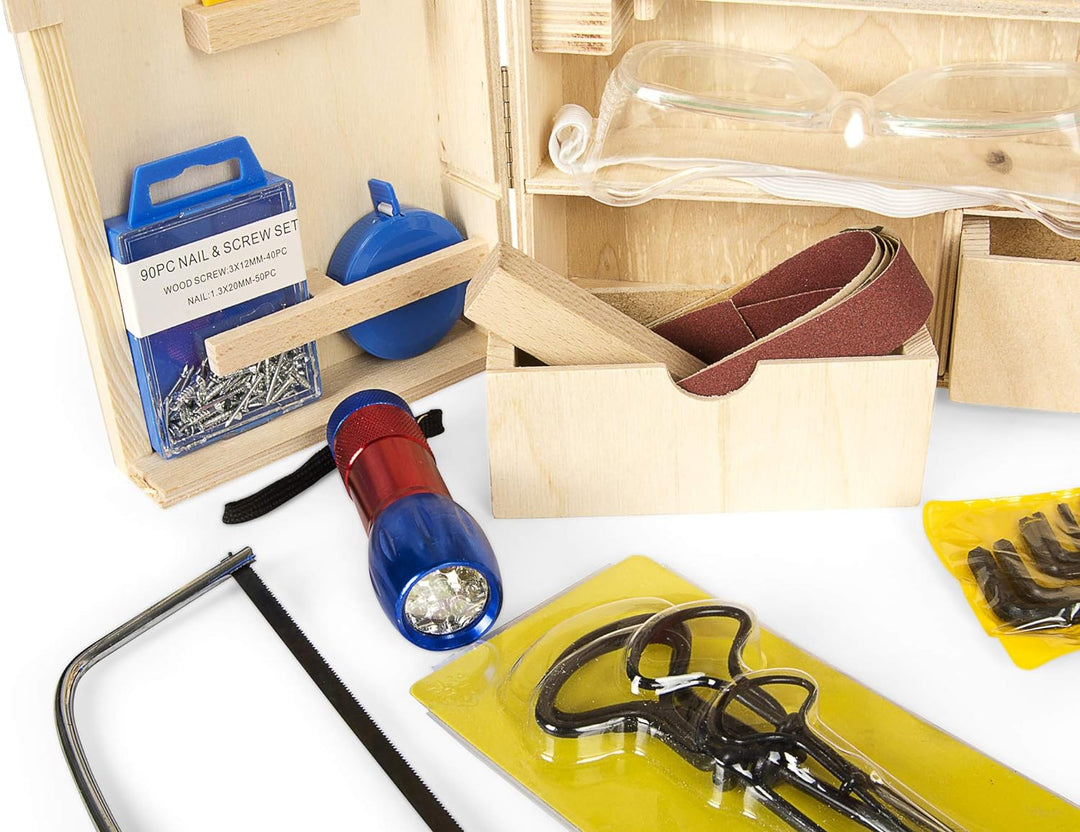 Leomark Deluxe Holz Werkzeug für Kinder - 50-TLG - Werkzeugkasten, Kompakter Werkzeugkoffer, Holzsch