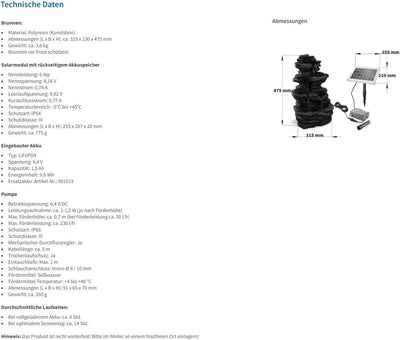 Solar Gartenbrunnen Rock Fountain - extragrosses 5 Watt Solarmodul und 1,5 Ah Akkuspeicher - 315 x 2