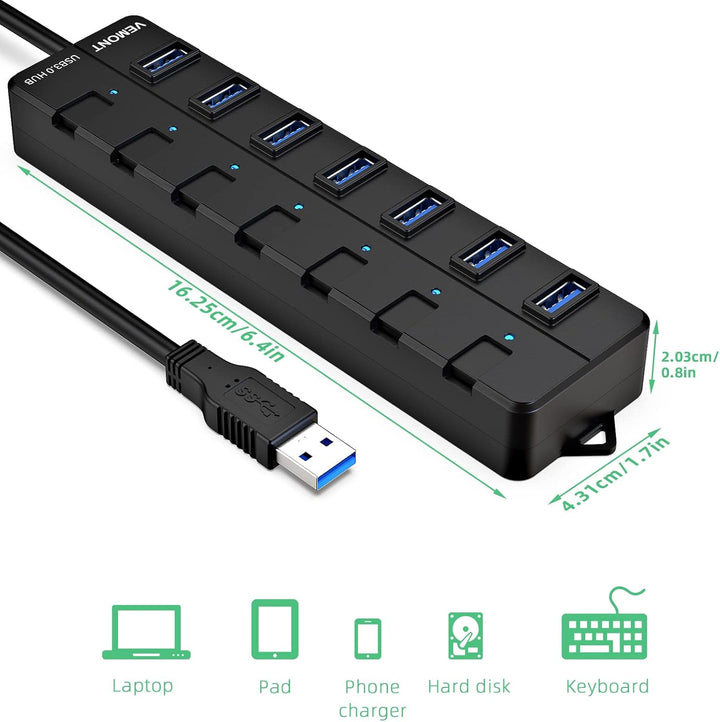 USB 3.0 Hub, VEMONT 7-Port USB Hub Splitter mit verlängertem 1.2m Kabel, USB Verteiler mit einzelnen
