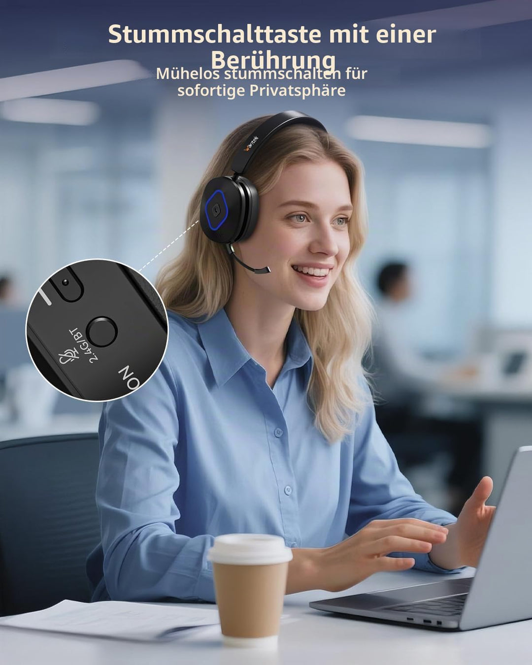 Wantek Kabelloses Bluetooth-Headset mit Mikrofon mit Geräuschunterdrückung, kompatibel mit Windows,