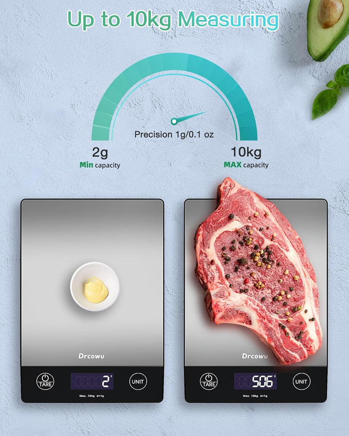 Drcowu Küchenwaage Digitale 10 kg, Waage küche Digital mit LCD-Anzeige, Multifunktions-Lebensmittelw