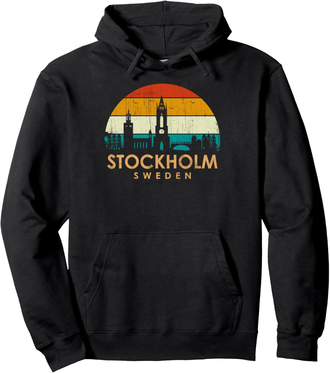 Vintage Retro Style Landscape Sun Skyline Stockholm Sweden Pullover Hoodie