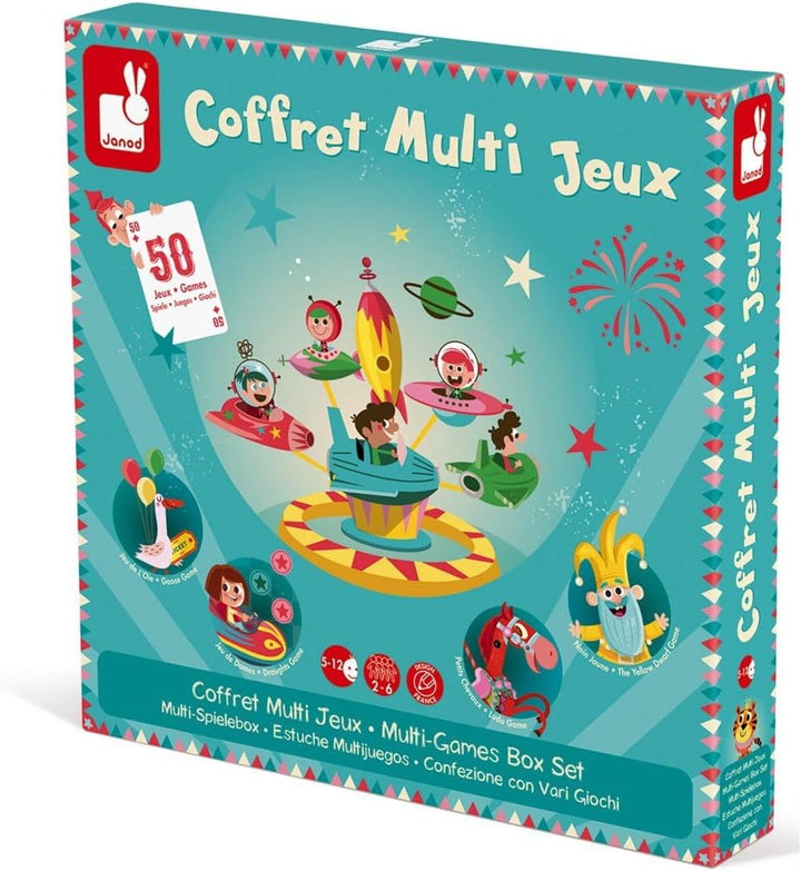 Janod - Carrousel Multi-Games Box Set - Classic Family Games - Draughts game, Ludo, Yellow Dwarf, 7