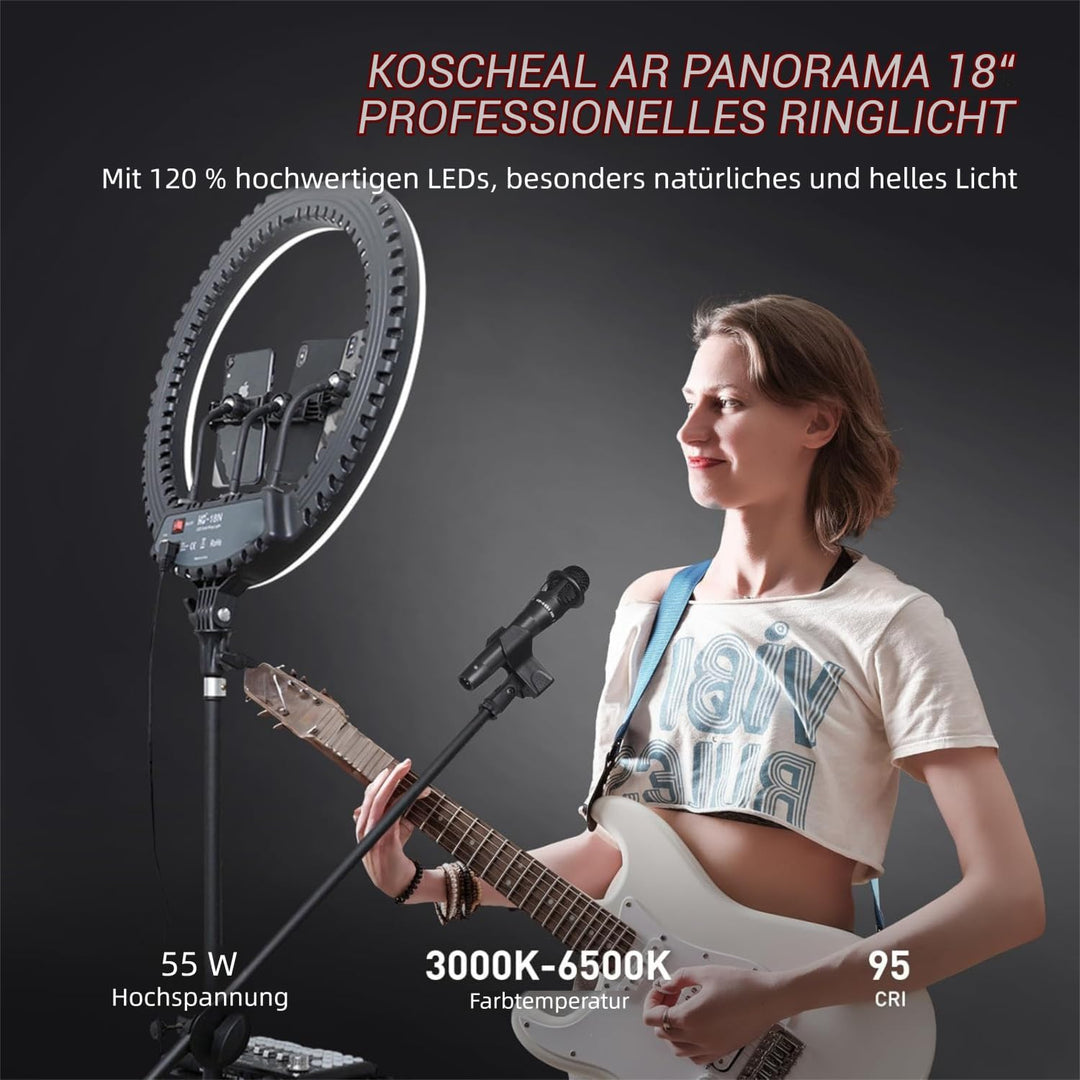 KOSCHEAL 18 Zoll Ringlicht mit Ständer, 3000-6500K Einstellbares LED licht mit Mikrofon und Soundkar