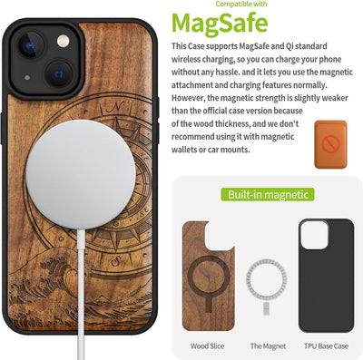 Carveit Holz Handyhülle für iPhone 15 Handyhulle kompatibel mit MagSafe Massivholz für Apple 15 Hand