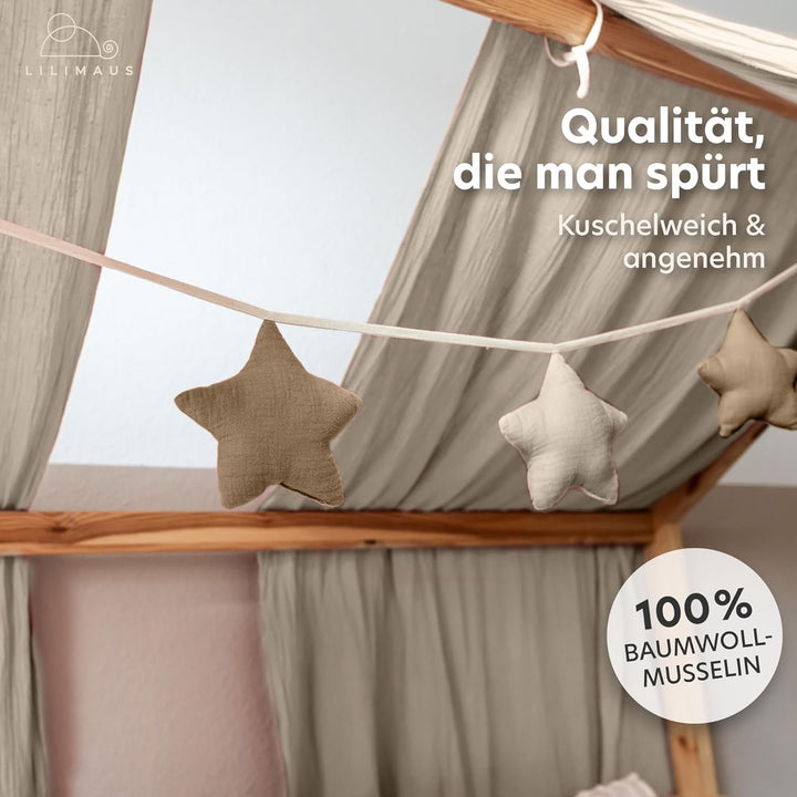 LILIMAUS Sternen Wimpelkette Stoff - 12 Farben - Kinderzimmer Deko - 100% Baumwolle Handmade - Musse