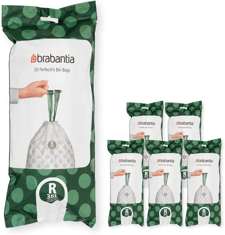 Brabantia Müllbeutel PerfectFit Multipack (Code R / 36L) Extra Starke Müllsäcke mit Zugband, 6 rolle