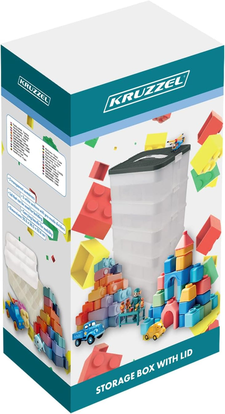 KRUZZEL Bausteine Aufbewahrungsbox 35L mit Griff & Trennwänden – 5 Etagen Stapelbox Transparent für