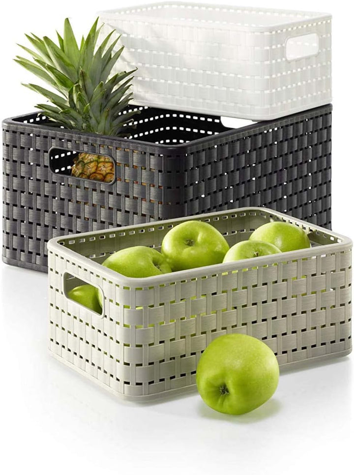 Rotho Country 3er-Set Aufbewahrungsbox Rattan-Optik, Kunststoff (PP) BPA-frei, Weiss, 14l, (32,8 x 3