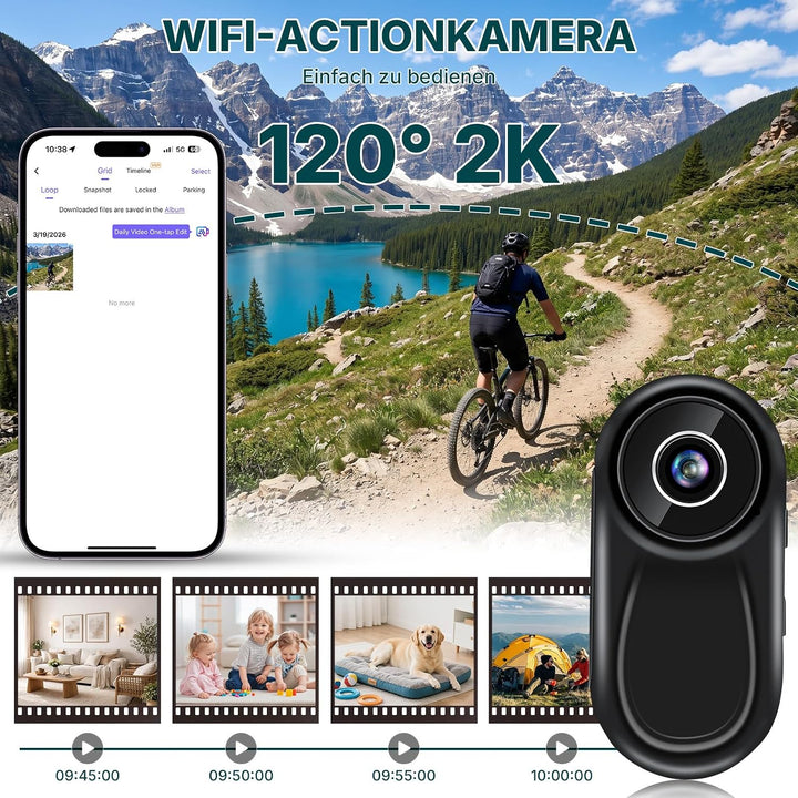 Actionkamera mit WiFi 2K, Verbesserte HD Mini-Action-Kamera | Daumen-Action Sportkamera mit Magnetha