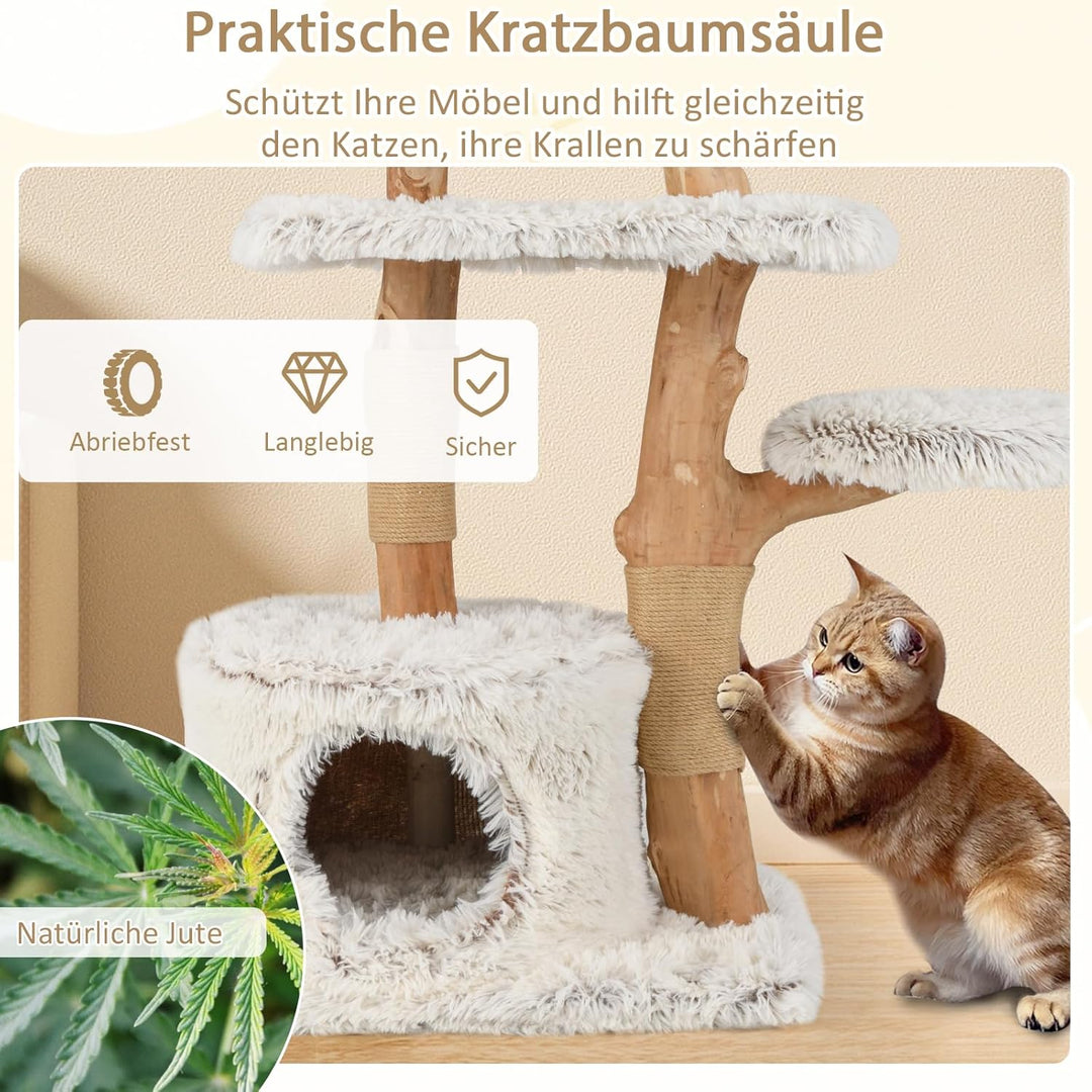 SOARS Kratzbaum Holz, Katzenbaum mit 2 natürlichen Birnbaumstämmen, Sitzplattform & Plüschflächen, S
