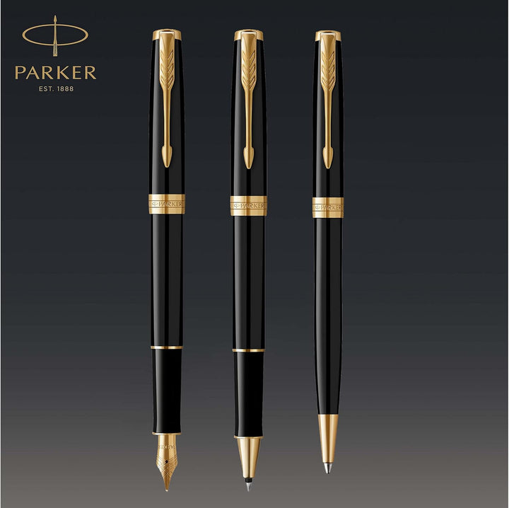 Parker Sonnet Tintenroller | Schwarze Lackierung mit Goldzierteilen | feine Spitze | Schwarze Tinte