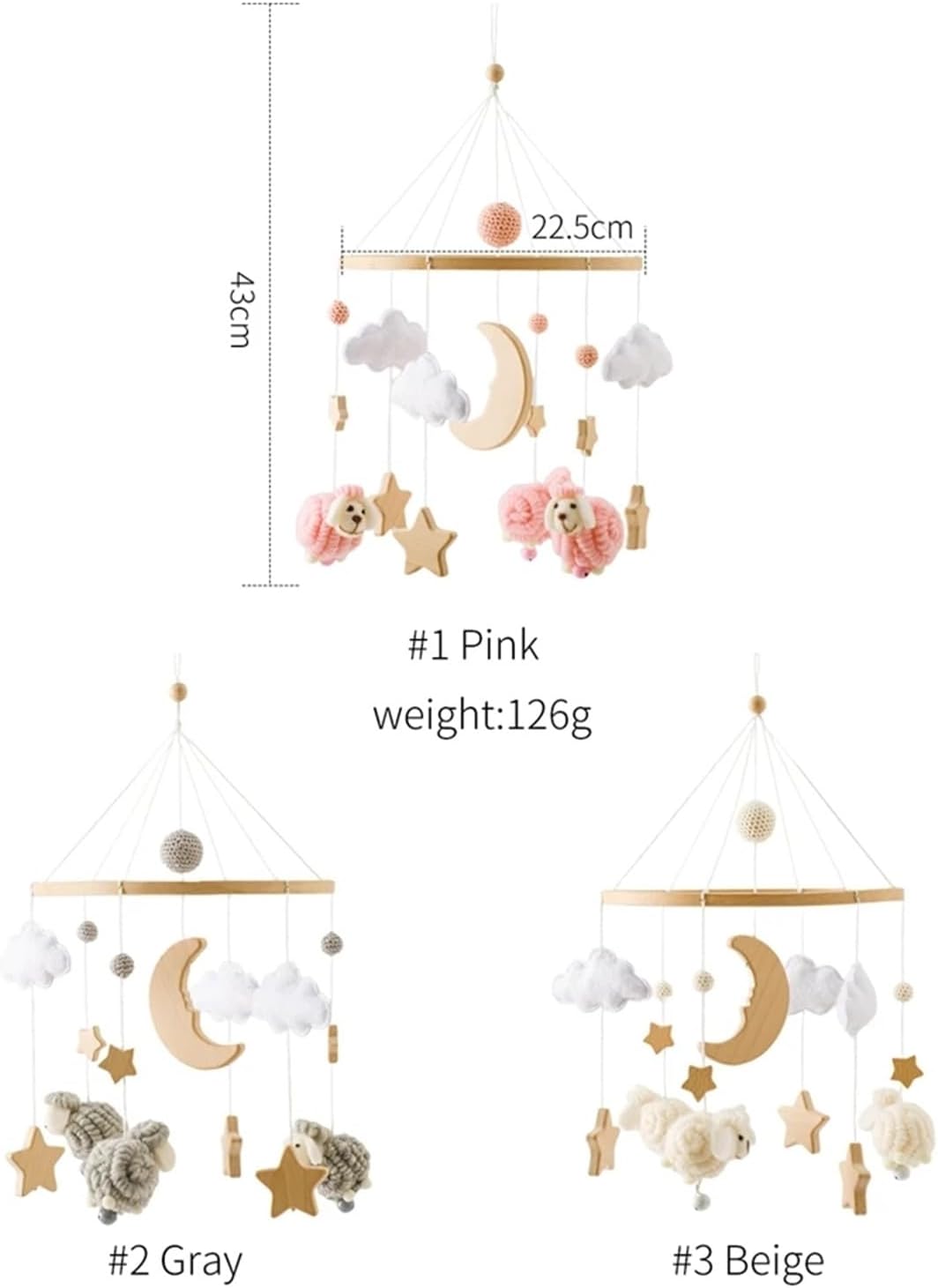 Tiere Mobile Baby Windspiele, Stern Mond Lamm Mobile Baby Holz mit Filzbällen, Mobile Baby Mädchen B
