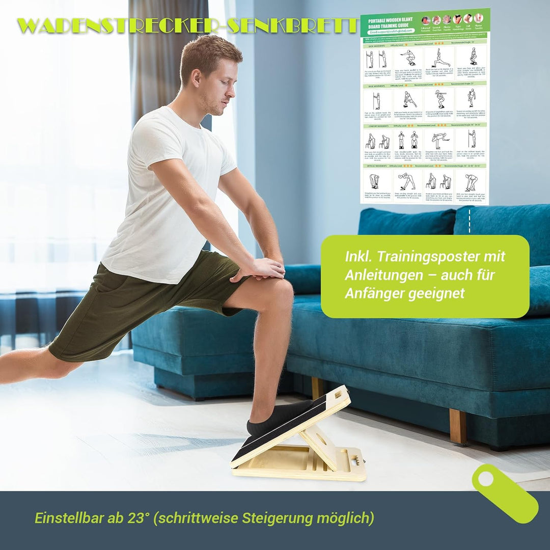Wadendehner Schrägbrett aus Holz, Slant Board mit 5 Winkeln und Trainingsposter, Verstellbar Wadenst