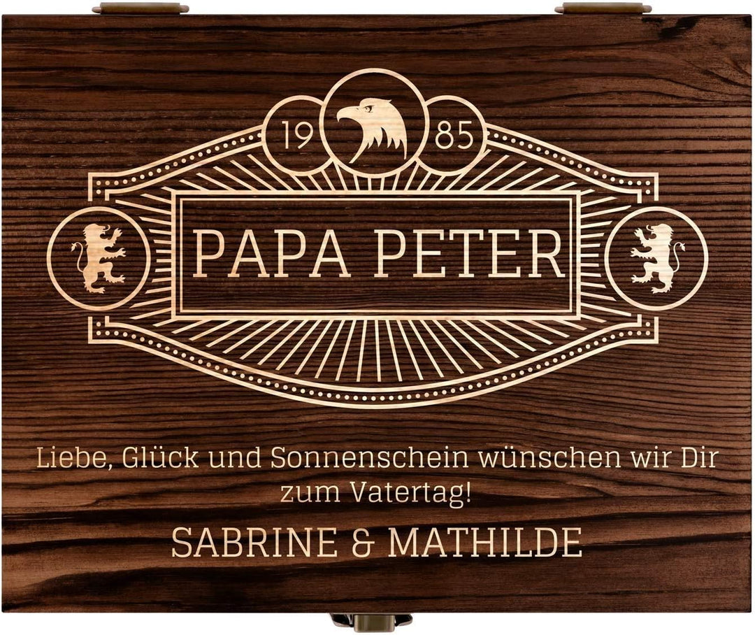 Maverton Whisky Steine Set - in Holzbox mit Gravur - 8 Eiswürfel + 2 Whisky Gläser + Zange + Samtbeu