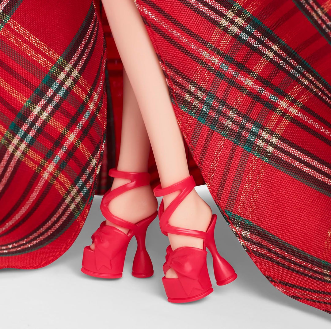 Barbie Signature Doll, 2024 Holiday Blonde Fashion Doll Wearing Gown with Plaid Skirt, Seasonal Coll