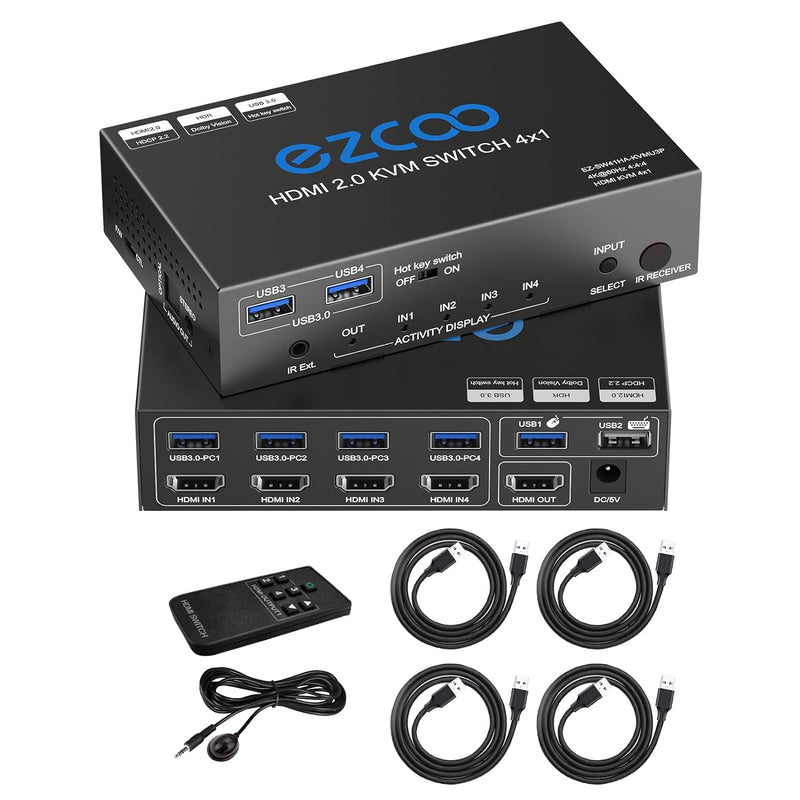 KVM Switch HDMI USB 3.0 4 Ports with Hotkey 4K 60Hz 18Gbps Share 4 Computers with one Keyboard Mous