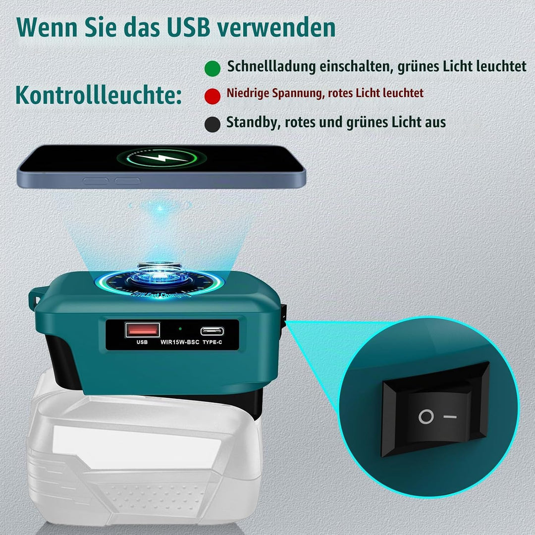 Kabelloses Tragbares Ladegerät für Bosch 18V Home and Garden Li-Ionen Akku, 15W Schnell Telefon Lade