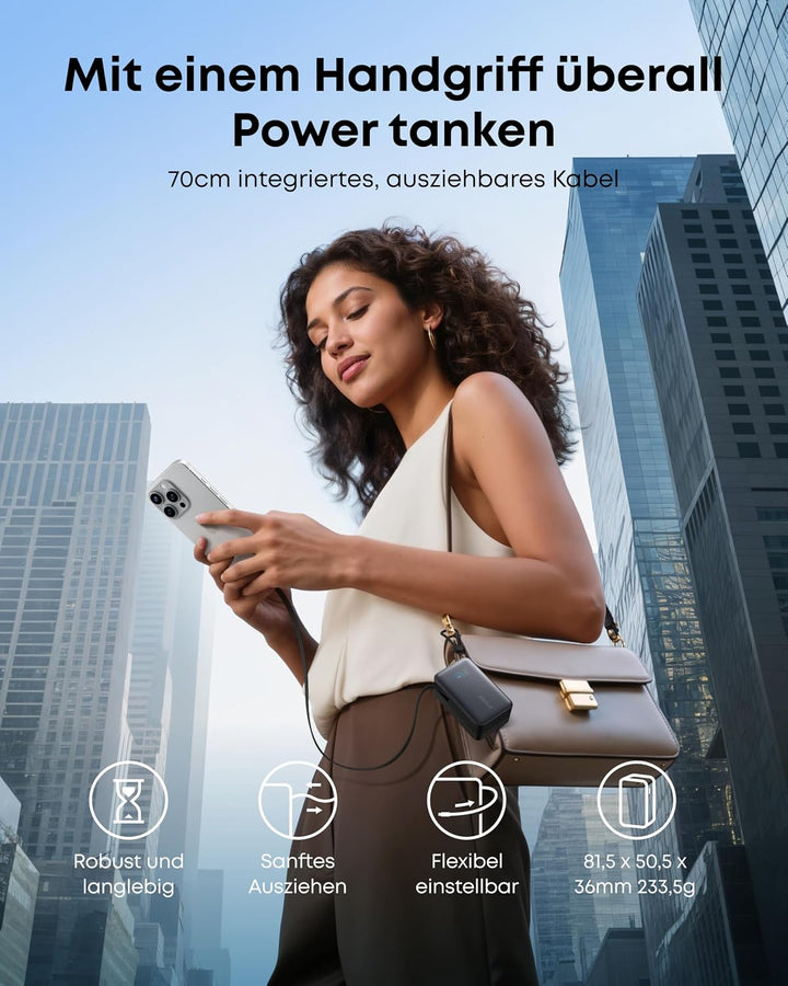 Anker Nano Powerbank,10.000mAh Externer Akku mit 70cm Anker InstaCord Einzugskabel, 45W Max Kompakte