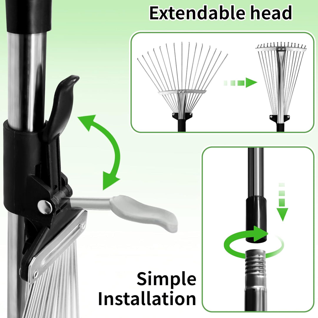 Laubrechen mit stiel 175cm - Laubbesen Mit ausziehbarem Kopf (20-40cm) Ideal für grosse Rasenflächen