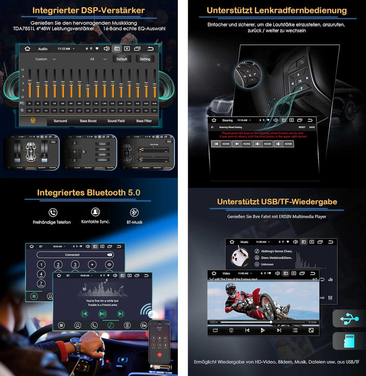 Erisin Android 14 8-Kern 4GB RAM+64GB ROM Autoradio GPS Navi für BMW 1er E81/82/88 7 Zoll Bluetooth