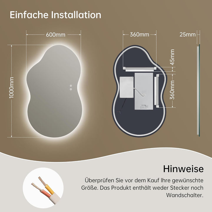 Spiegel mit Beleuchtung Asymmetrischer LED Badspiegel 100 x 60 cm mit Touch-Schalter, Dimmbar 3 Lich