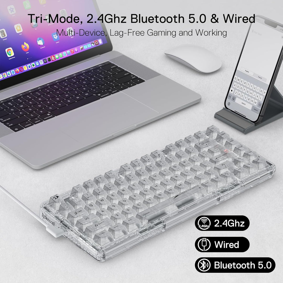 Redragon K649 PRO Gaming-Tastatur mit Dichtung, 3 Modi, 82 Tasten, volltransparente Hot-Swap-Mechani