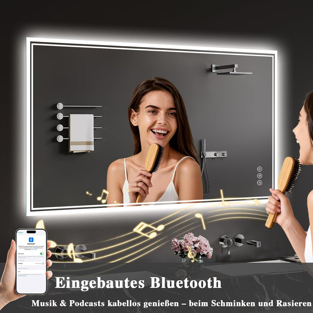 Badspiegel-mit-Beleuchtung 60x80cm: LED Badezimmer-Spiegel Badezimmerspiegel mit Bluetooth, Beschlag