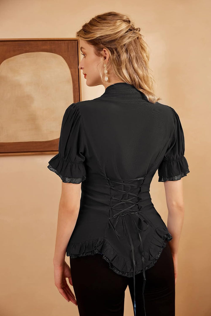 SCARLET DARKNESS Damen Rüschenbluse Mittelalter Spitzen Shirt Gothic Bluse für Party Oberteil Schwar