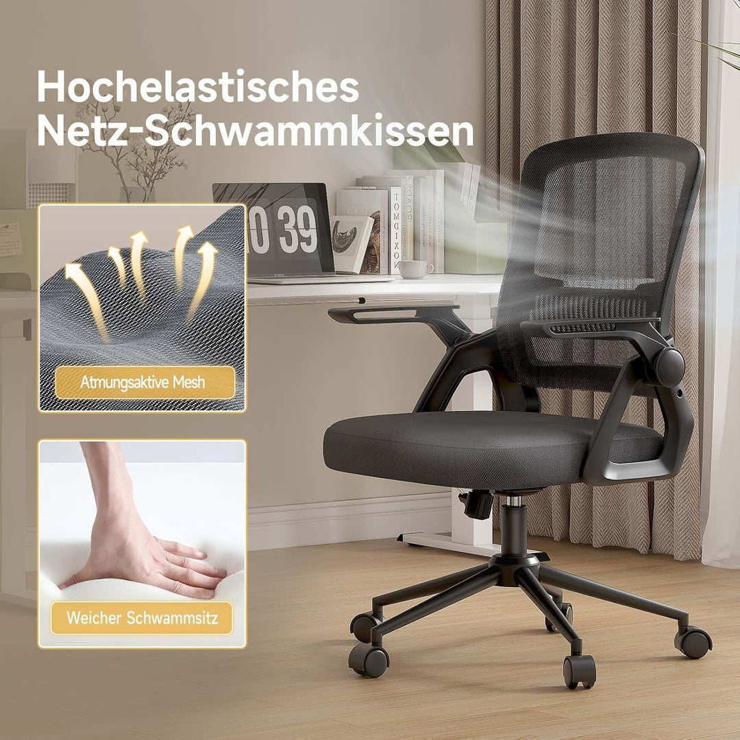 naspaluro Bürostuhl mit Hochklappbare Armlehnen, Schreibtischstuhl Ergonomisch, Drehstuhl mit Netzbe