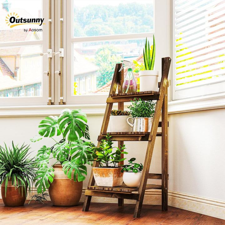 Outsunny 3-Etagen Pflanzenständer, klappbarer 93 cm hoch Blumenständer für Innen Aussen, Pflanzenreg
