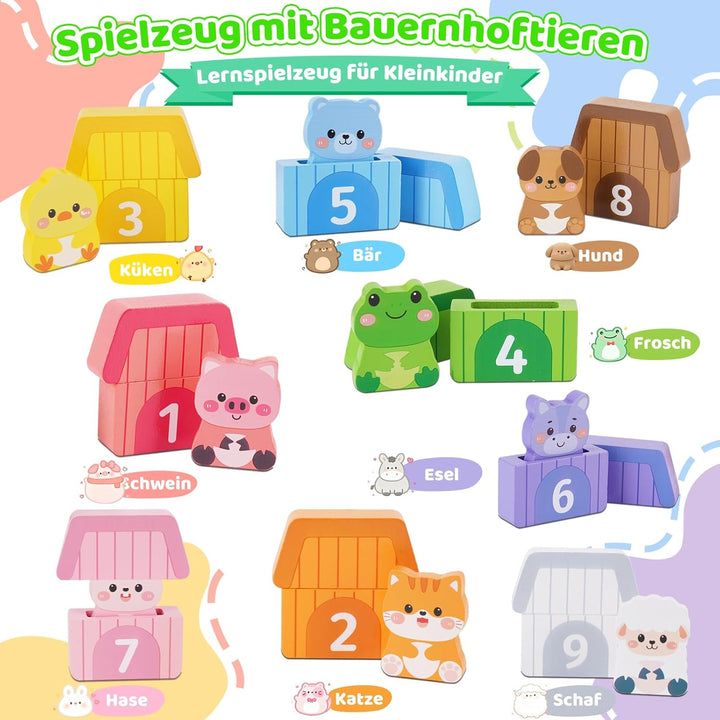 KMTJT Montessori Holzspielzeug ab 1 Jahr – Bauernhof Tier-Puzzle &amp; Sortierspiel mit Zahlen, Pädagogi