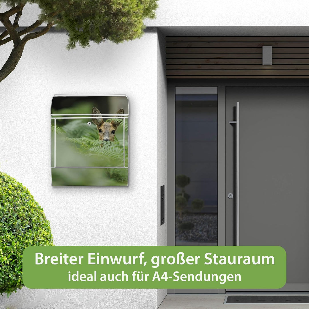 banjado® Design Briefkasten mit Motiv REH 39x47x14cm &amp; 2 Schlüssel - Briefkasten Stahl weiss mit Zei