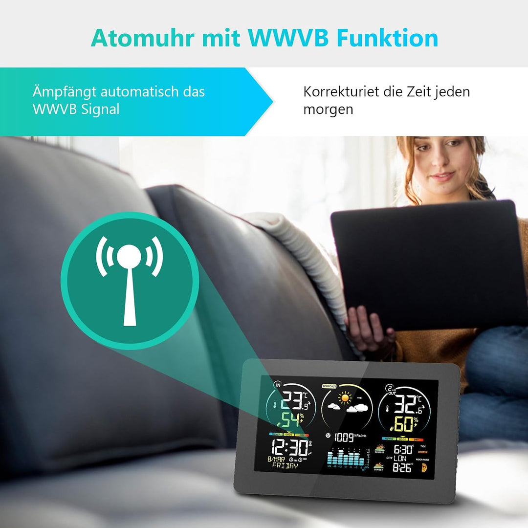 Wetterstation Funk mit Aussensensor, 7,8 Zoll Grosses Farbdisplay mit Beleuchtung & DCF Funkuhr, Wet