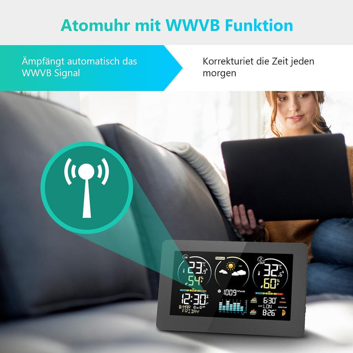 Wetterstation Funk mit Aussensensor, 7,8 Zoll Grosses Farbdisplay mit Beleuchtung & DCF Funkuhr, Wet