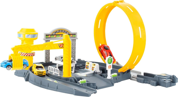 MalPlay Trackset Parkhaus für Kinder mit 4 Spielzeugautos | Rennbahn mit Looping Tracks | ab 3 Jahre