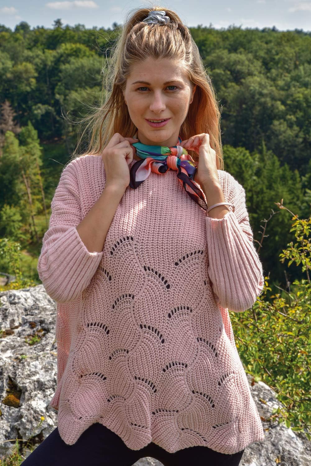 styleBREAKER Damen Oversize Strickpullover mit Ajourmuster und Langen Ärmeln, U-Boot Ausschnitt, Pon
