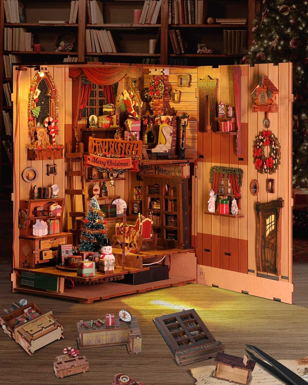 RONSTONE Book Nook Kit mit Staubschutzhülle - DingDang Hütte DIY Miniatur Puppenhaus Booknook mit Le