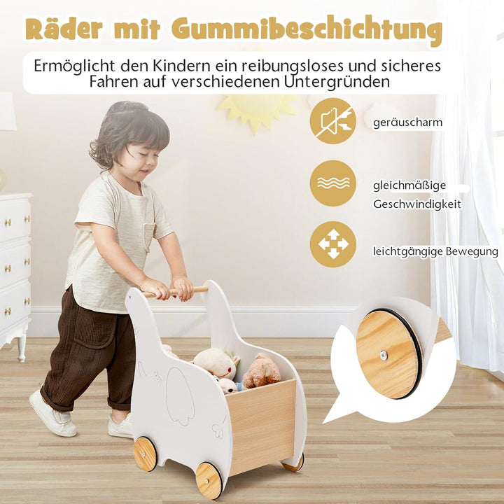 GOPLUS Kinder Lauflernwagen mit Spielzeugkiste, Baby Elefant Lauflernhilfe aus Holz mit rutschfesten