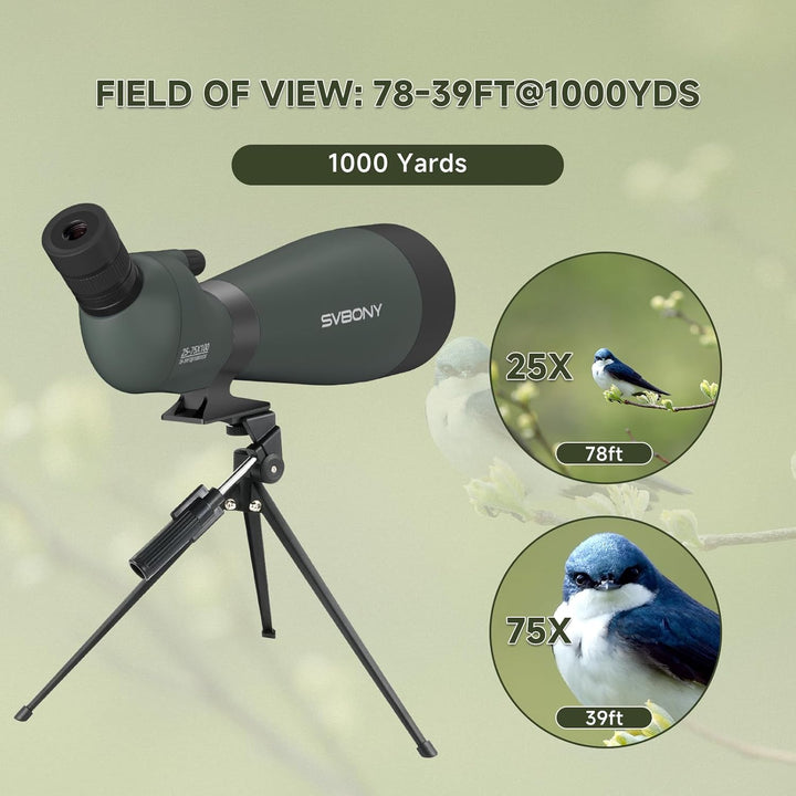 Svbony SV28 25-75x100mm Spektiv mit Stativ, Grosses Sichtfeld, Helle und Klare Bilder, HD BAK4 Porro