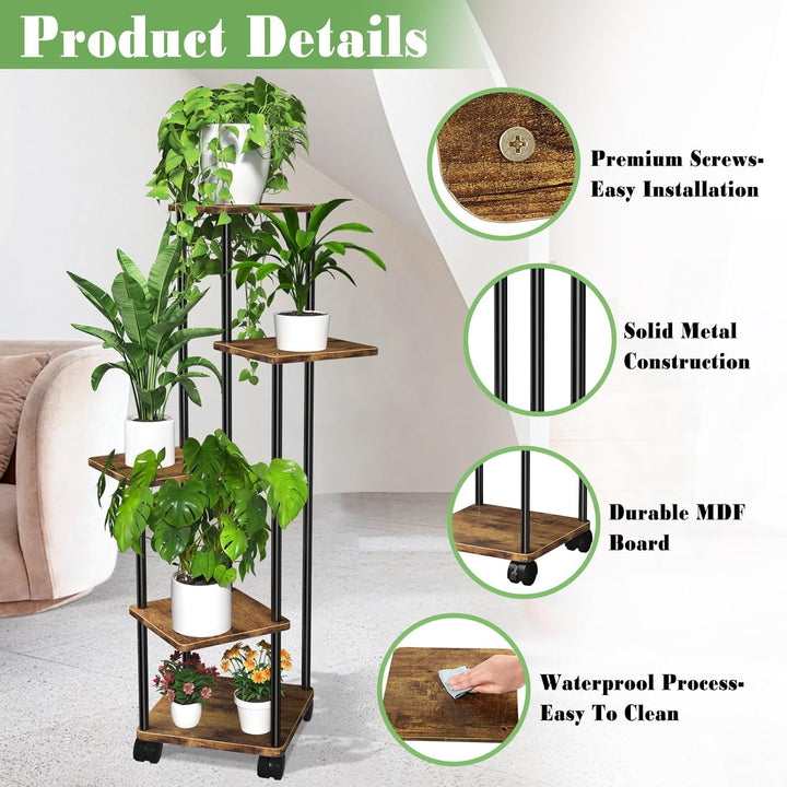 Blumenständer Pflanzenständer 5 Tier Holz, Pflanzenregal Mit Abnehmbaren Rollen, Modernes Blumenrega