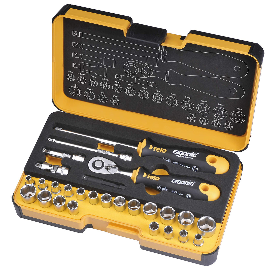 Felo Werkzeugsatz ERGONIC Ratsche, Steckschlüsse Inch/metrisch 27-tlg